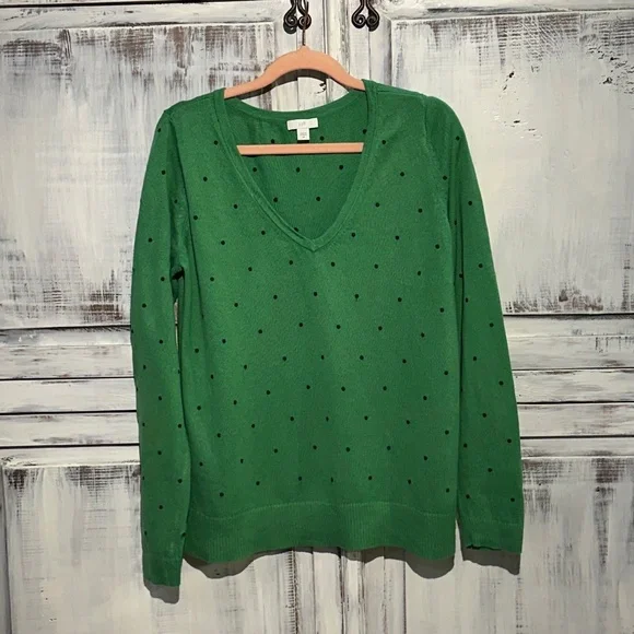 J.Jill Sweater Women’s Size XS Kelley Green Black Polka Dots V-Neck Cotton Blend - Picture 5 of 12